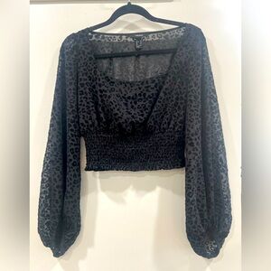 Forever 21 Sheer Puff Sleeve Black Leopard Print Women's Top